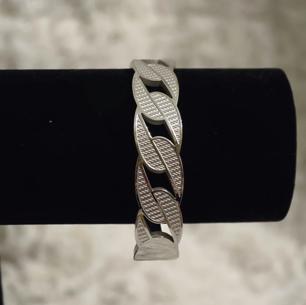 Stainless Steel 18k White Gold Overlay Cuban Link Chain Bangle Bracelet 7.5